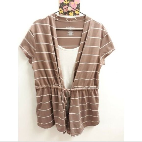 Mix & Co Faux Wrap Short Sleeve Top Size XL Brown Stripes - Picture 1 of 5